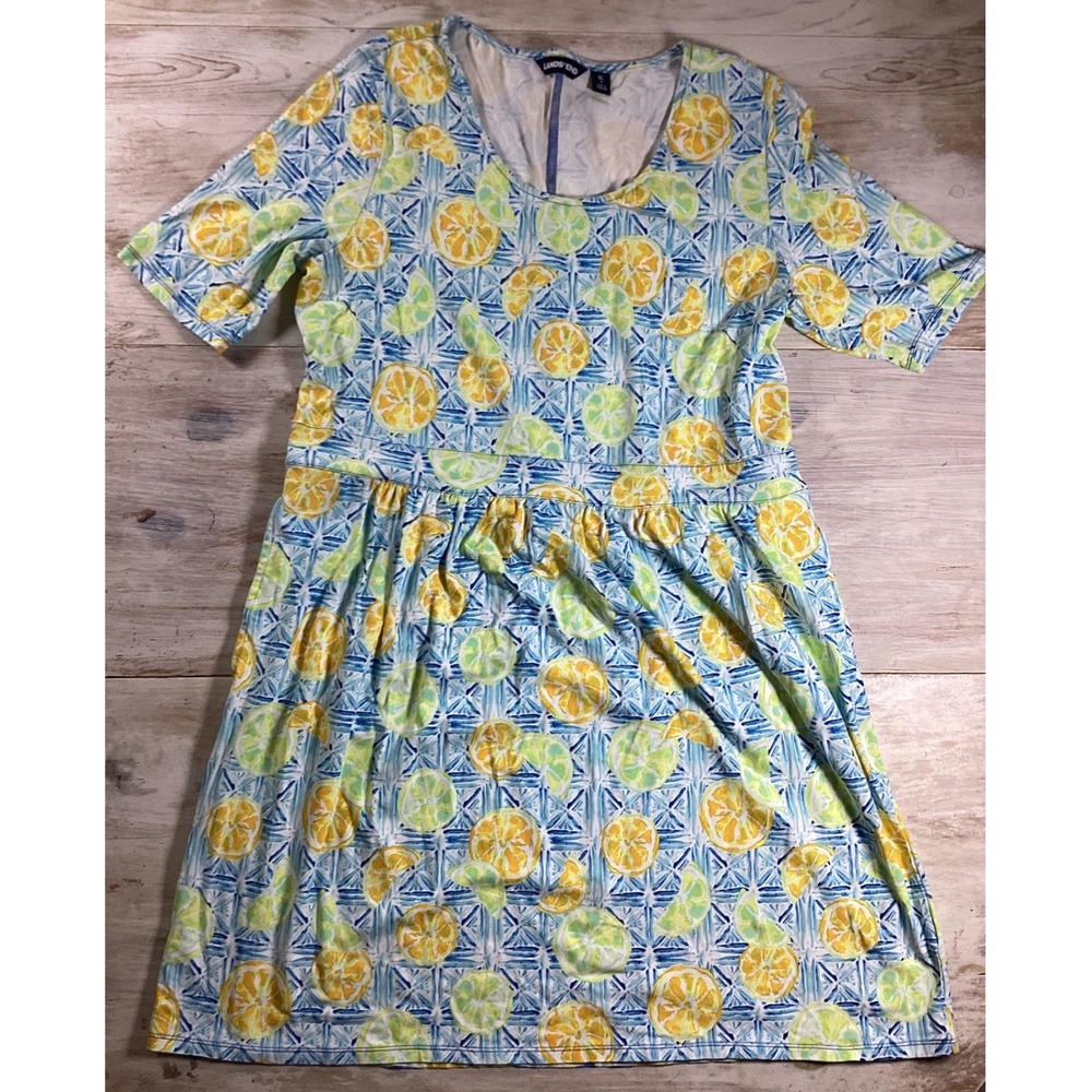 Lands End XL 18 Womens‎ Lemon Lime Citrus Print Knit Dress Blue Yellow Pockets